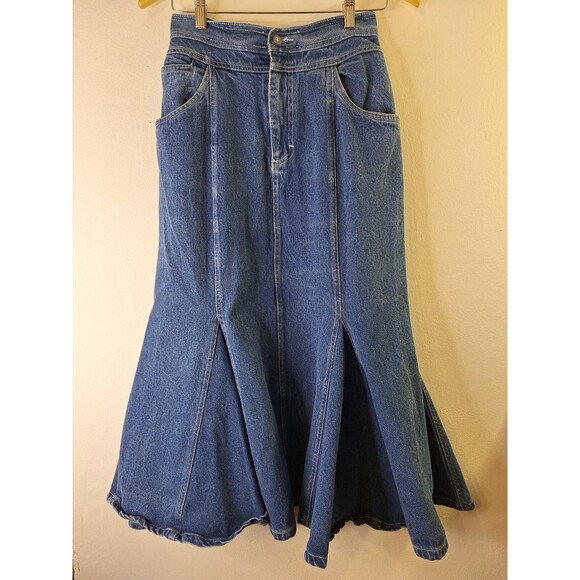 Vtg CHAUS SPORT Denim Mermaid Maxi Skirt Sz 10 Western Cowgirl Hippie Boho Chic - Picture 1 of 7